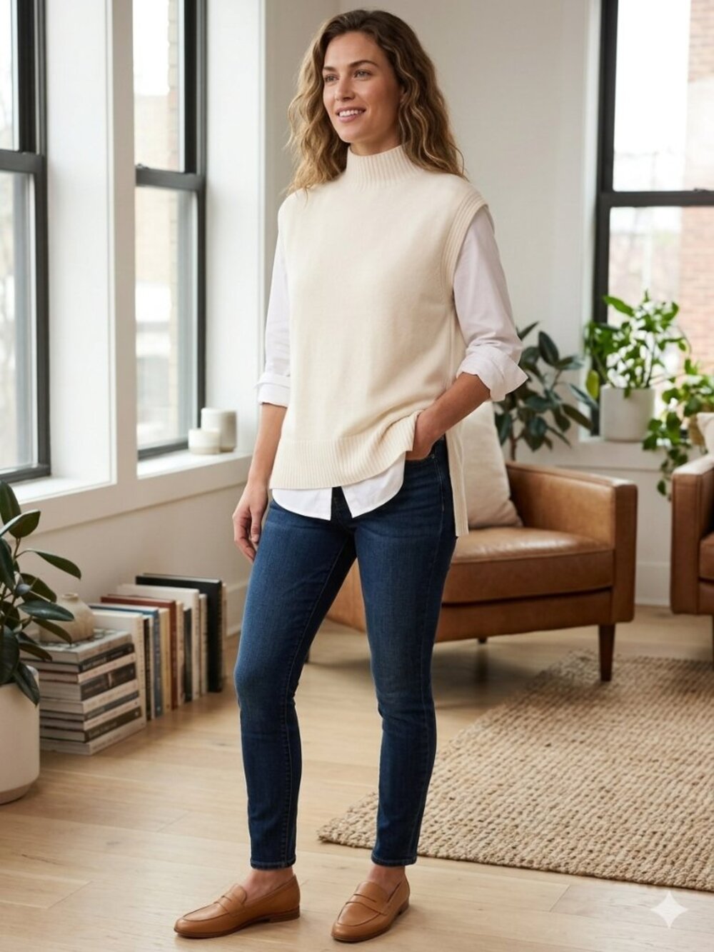 Athleta Alpine Tabard Sweater Vest‎ XXS Merino Cashmere Cream Mock Neck